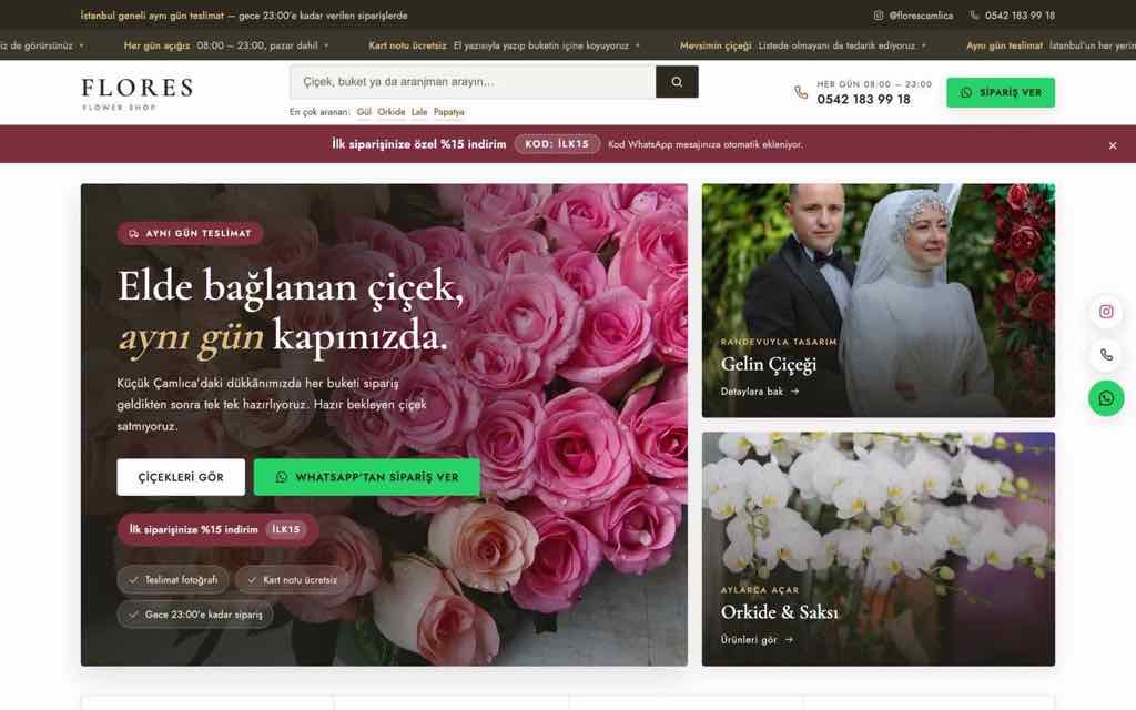 Flores Çiçekçilik sitesinin ekran görüntüsü